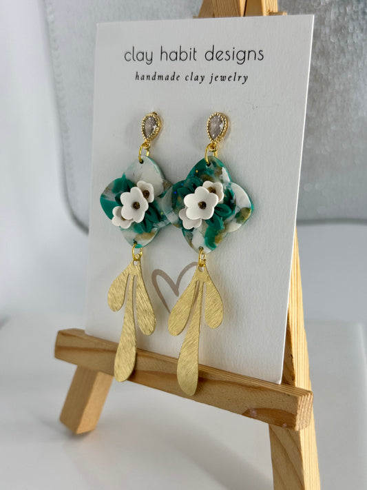 Becca | Green Marble | Dangle with Detailed Three Dimensional White Florals and Gold Leaf | Handmade Polymer Clay Earrings